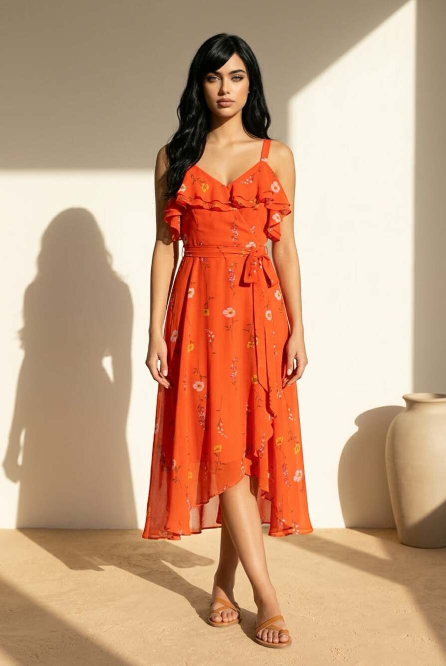 Bleecker 126 Orange Floral Ruffle Wrap High-Low Midi Dress Size 4